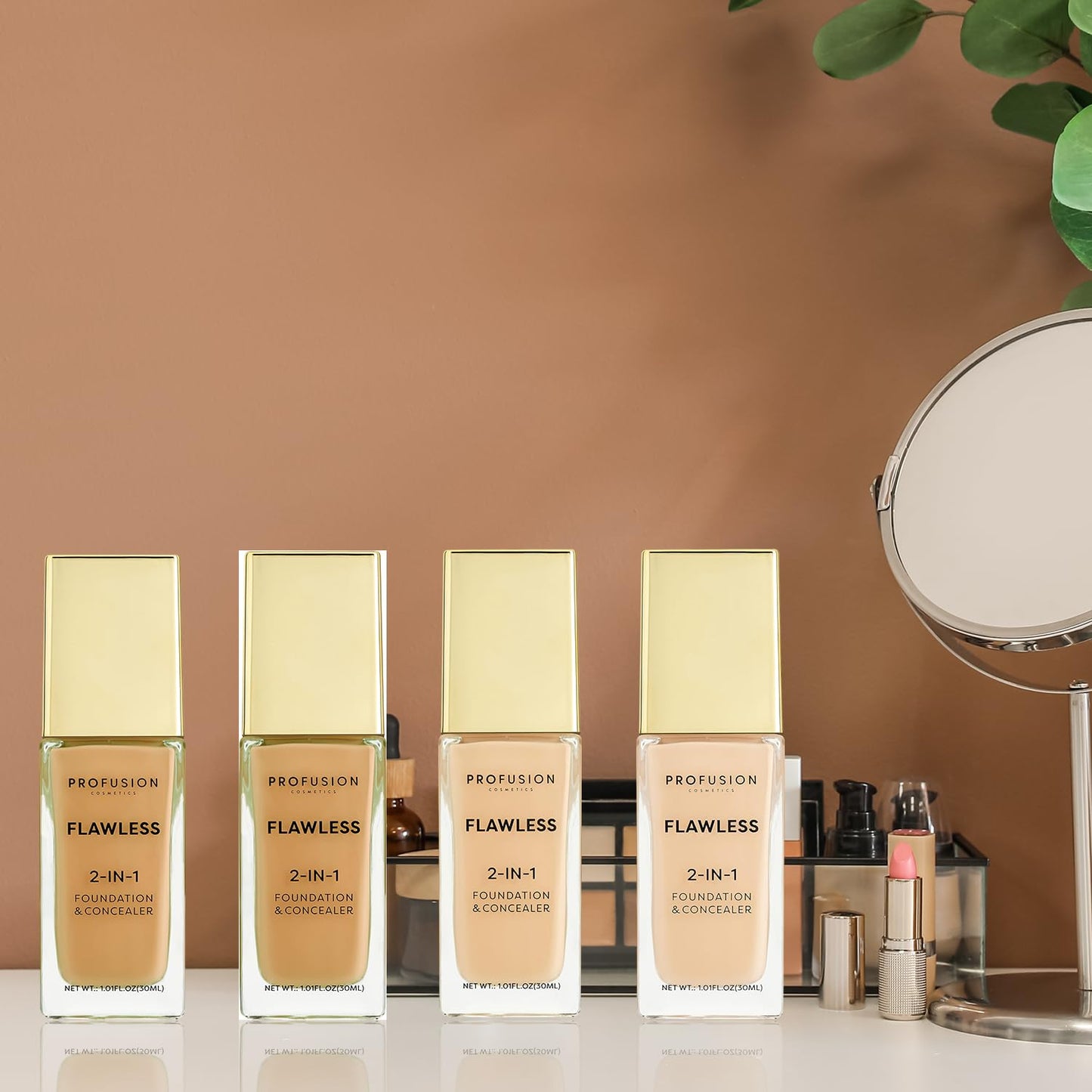 Profusion Cosmetics 2-In-1 Foundation and Concealer for Medium Deep Skin Tone, Flawless Full Coverage and Matte Finish with Convenient Solution for Achieving Polished Look - Golden Tan