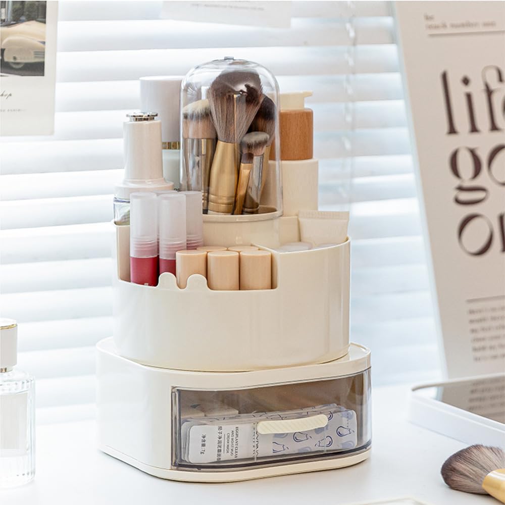 Makeup Brush Holder Rotating Organiser with Clear Lid,Sliding Opening Dustproof Makeup Brush Case Make up Organizer Storage for Dressing Table Organiser,Vanity,White Black