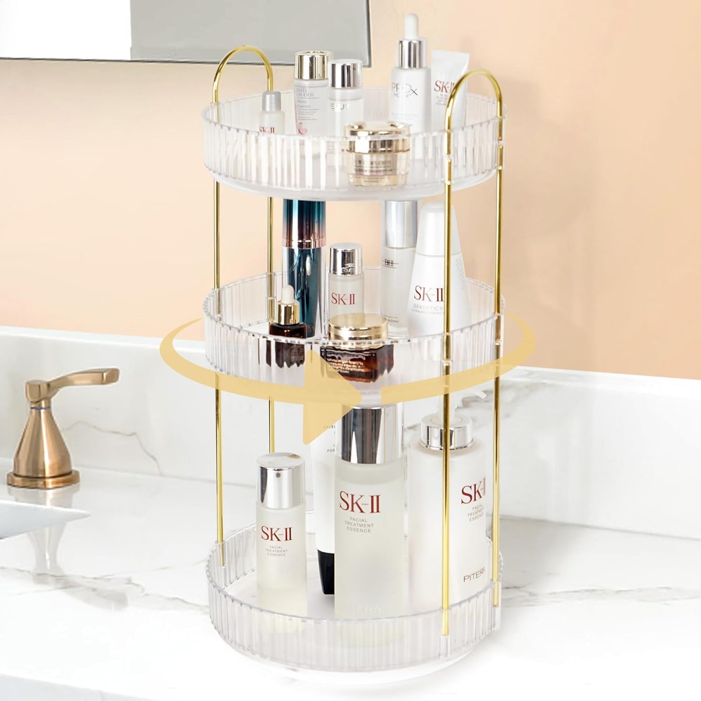 Rotating Makeup Organizer for Vanity, Large Skincare Make Up Storage Perfume Organizers for Bathroom Counter, Clear Cosmetic Lipstick Toiletry Dresser Organizer Spinning Holder
