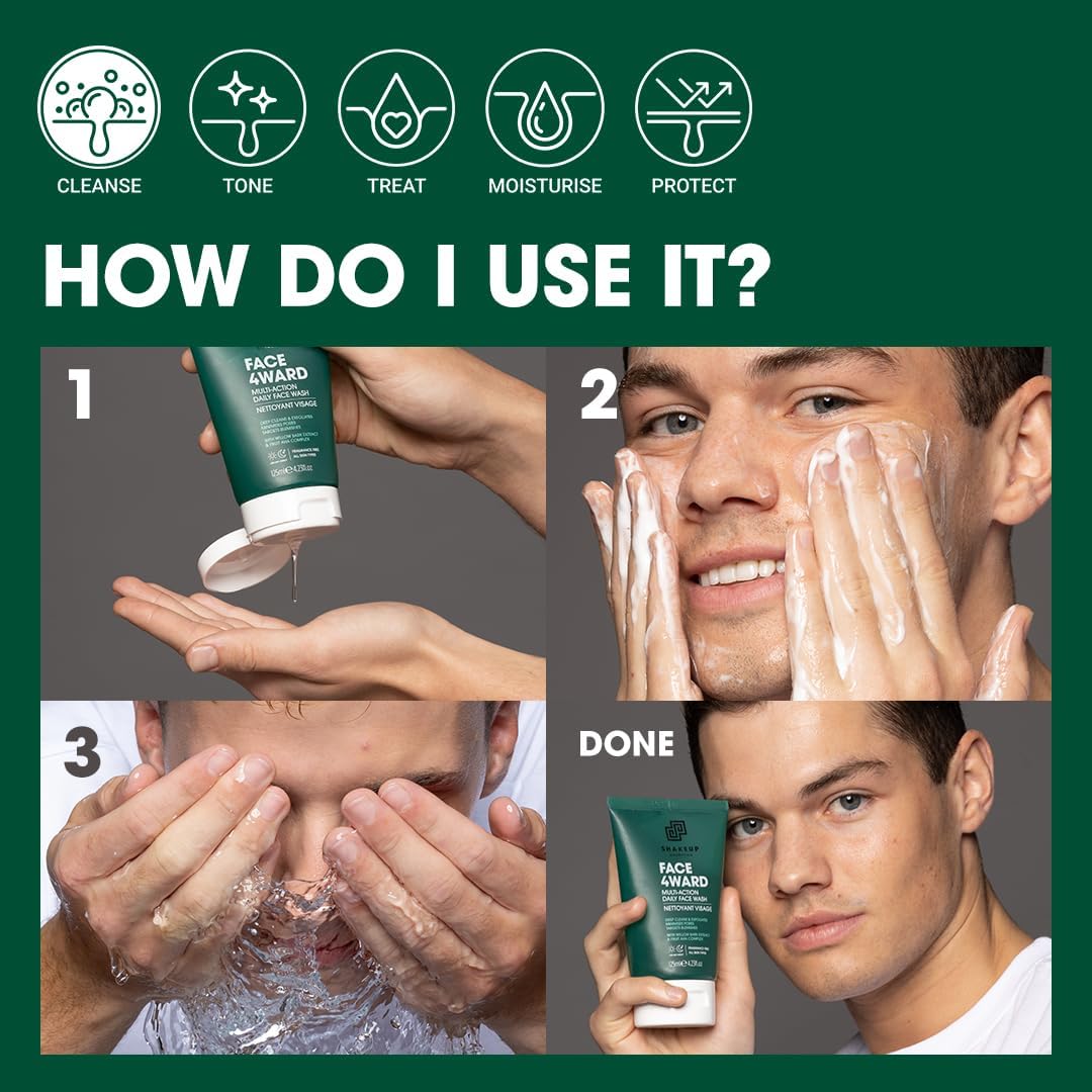 Shakeup Cosmetics Mens Face Wash, Deep Cleans & Exfoliates. Vegan with Willow Bark Extract & Fruit AHA Complex, Suitable for Day & Night, 125ml. Aka. FACE4WARD DAILY FACE WASH