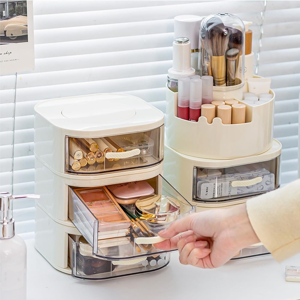 Makeup Brush Holder Rotating Organiser with Clear Lid,Sliding Opening Dustproof Makeup Brush Case Make up Organizer Storage for Dressing Table Organiser,Vanity,White Black