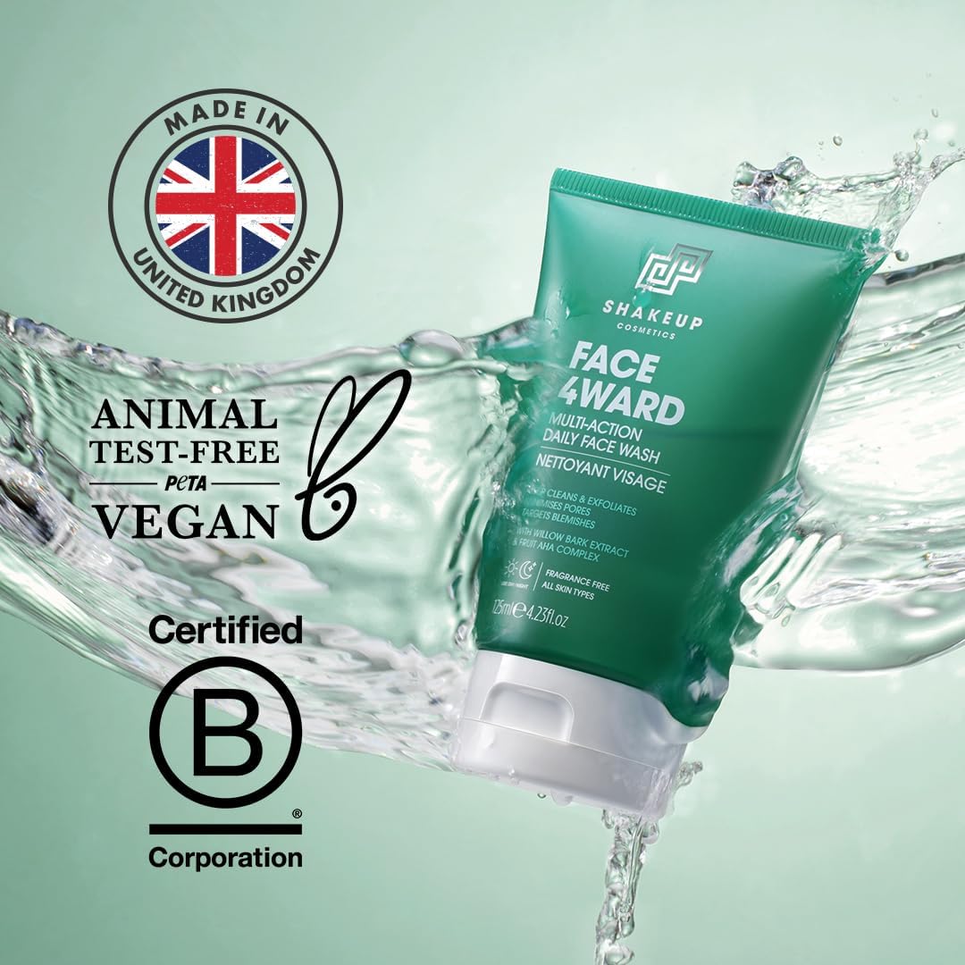 Shakeup Cosmetics Mens Face Wash, Deep Cleans & Exfoliates. Vegan with Willow Bark Extract & Fruit AHA Complex, Suitable for Day & Night, 125ml. Aka. FACE4WARD DAILY FACE WASH