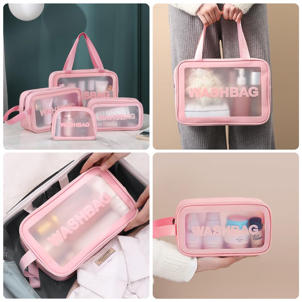 3PCS Clear Toiletry Bag, Wash Bag, Clear PU Makeup Bags, Waterproof Toiletry Travel Bags with Zipper Handle, Portable Airport Cosmetic B-ag for Travel Bathroom Men Women(Blue)