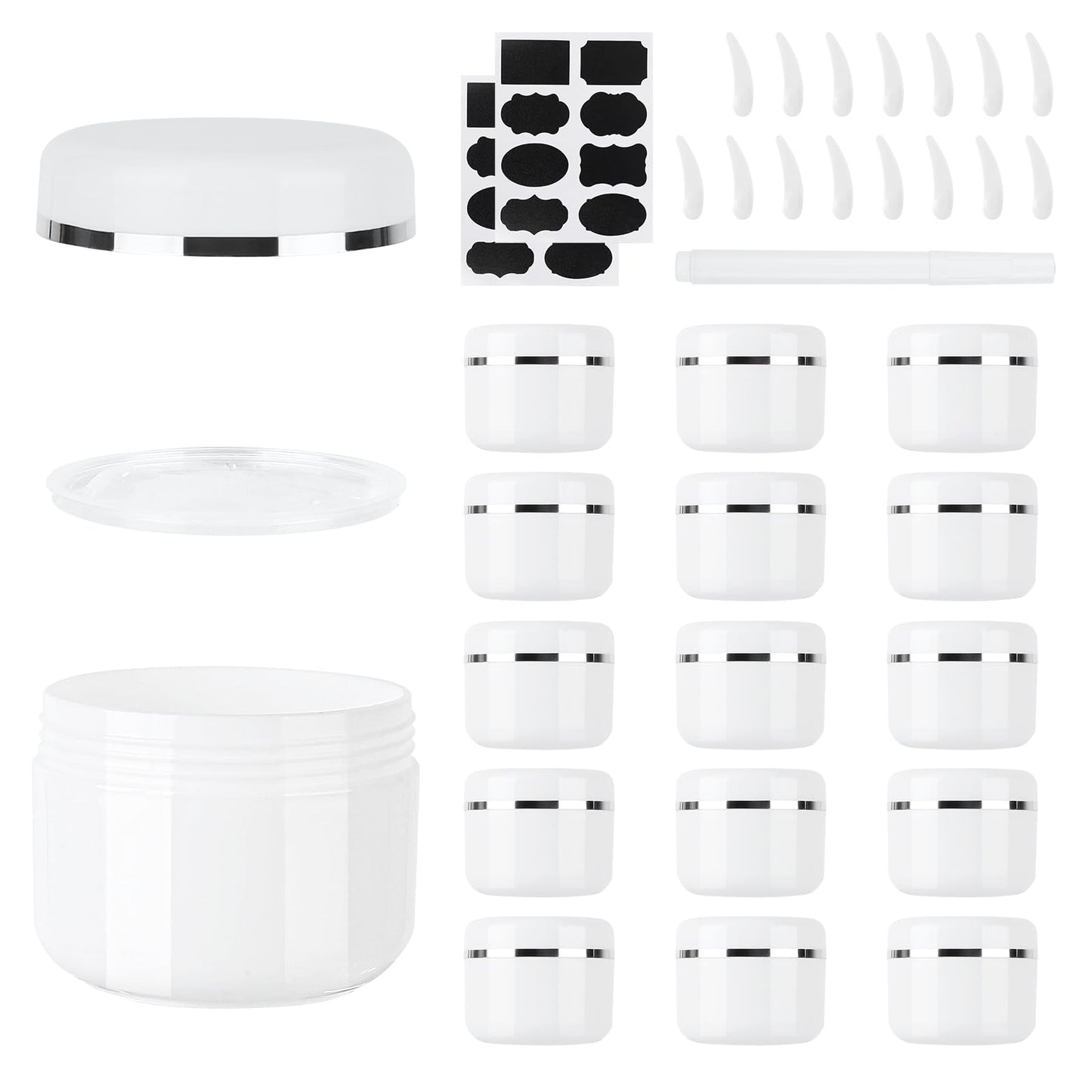 15 Pcs 50ml Cosmetic Sample Jars, Plastic Refillable Travel Pots, Cosmetic Pots with Lids, Travel Pots for Toiletries, with Spatulas, Labels and Pen for Makeup Beauty Nails