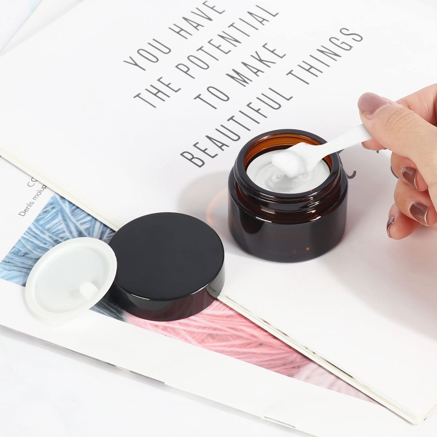 4 oz Amber Glass Round Jars with Black Lids, 6 Pack Empty Cosmetic Jars Face Cream Storage Containers for Powder,Lotion,Beauty Products,Travel Favors