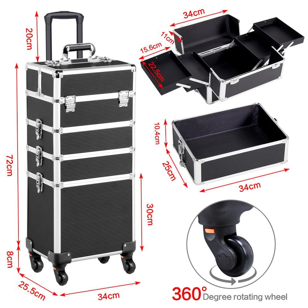 Yaheetech 4 in 1 Beauty Case Rolling Cosmetics Organiser Makeup Vanity Case Lockable Hairdressing Trolley Pink