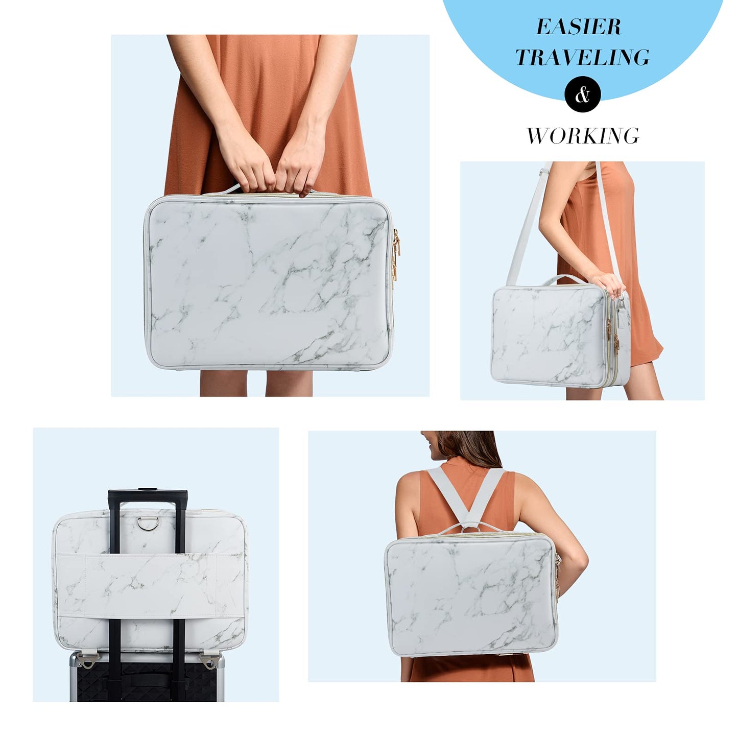 Joligrace Large PU Leather Professional Makeup Bag with Removable Back Strap Cosmetic Case Beauty Box Hairdressing Tools Organiser Storage Box, Marble