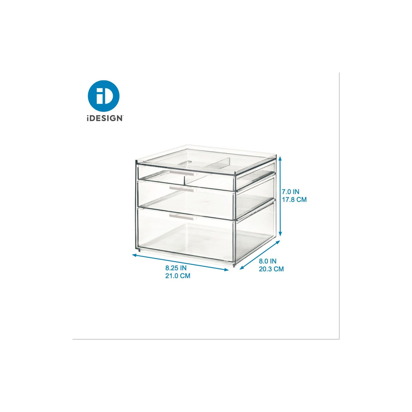 iDesign Storage Drawer from the Signature Series by Sarah Tanno, Rectangular PET Makeup Tray for Beauty Products, Cosmetic Organiser System, Clear/Matte White, 10.2 cm x 20.3 cm x 5 cm