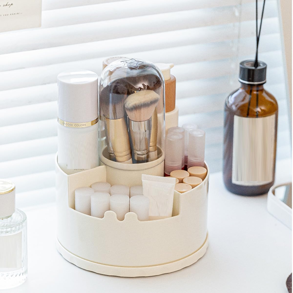 Makeup Brush Holder Rotating Organiser with Clear Lid,Sliding Opening Dustproof Makeup Brush Case Make up Organizer Storage for Dressing Table Organiser,Vanity,White Black