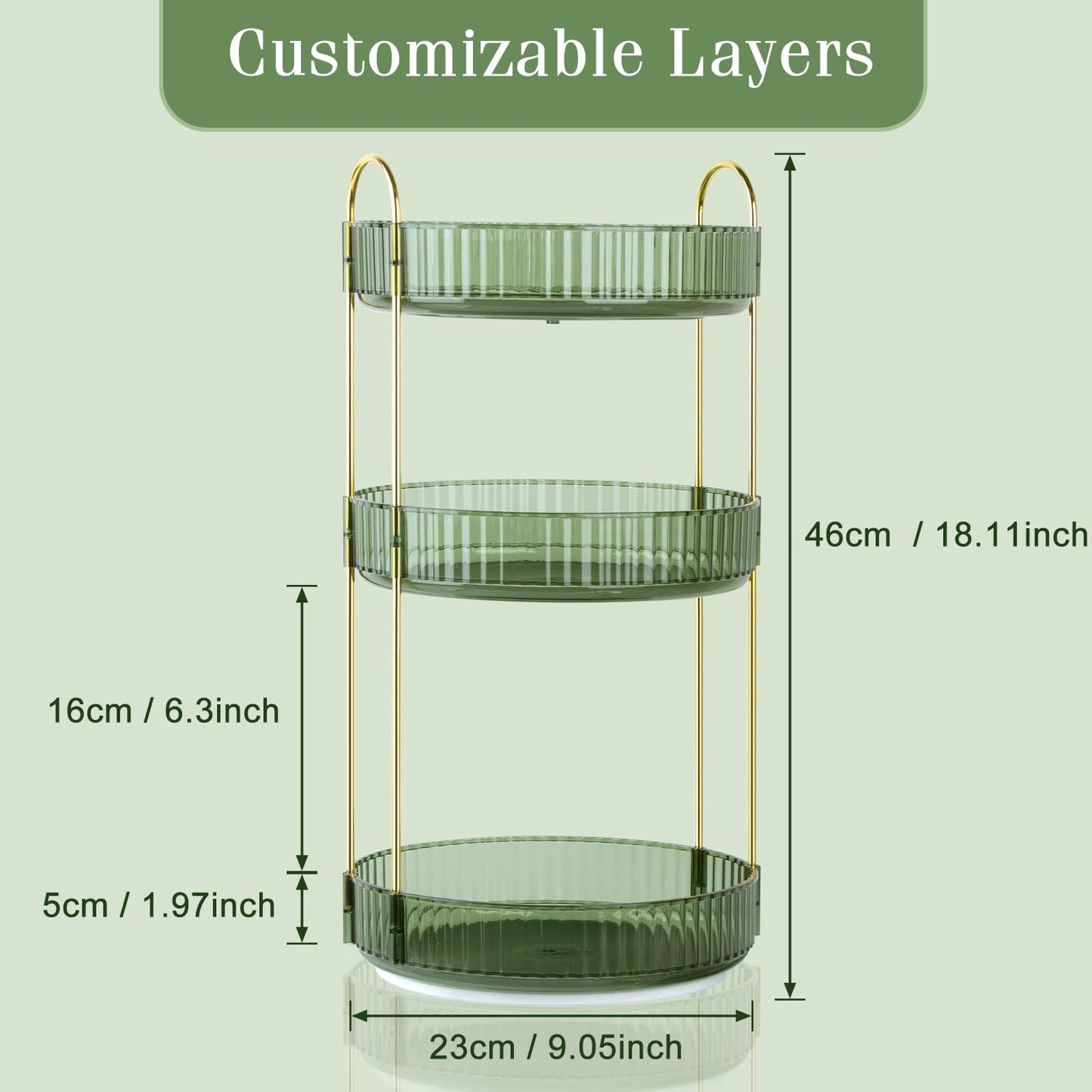 Boxalls Make up Organiser 360° Rotating, 3 Tier Large Capacity Bathroom Organizer, Cosmetics Vanity Storage, Dressing Table Organiser, Skincare Spinning Carousel for Skincare Perfume (3 Tiers, Green)