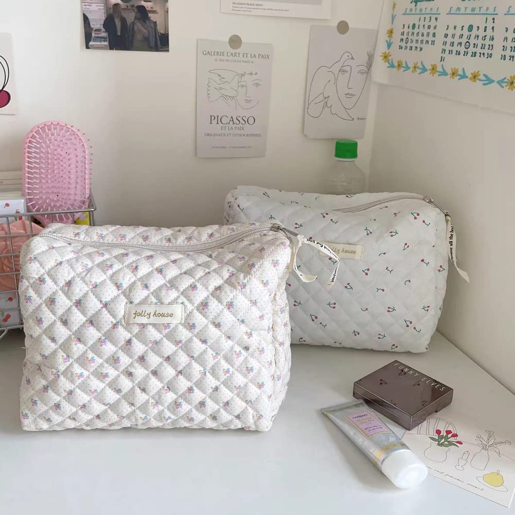 Aucuu Cotton Makeup Bag, Portable Travel Cosmetic Bag, Large Capacity Floral Toiletry Bags, Quilted Wash Bags Organizer for Women Girls