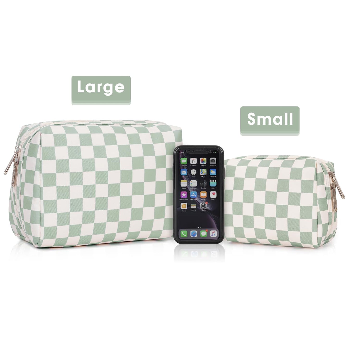 Large Makeup Bag Zipper Pouch Travel Cosmetic Organizer for Women (Mint Green Checkerboard, Large)