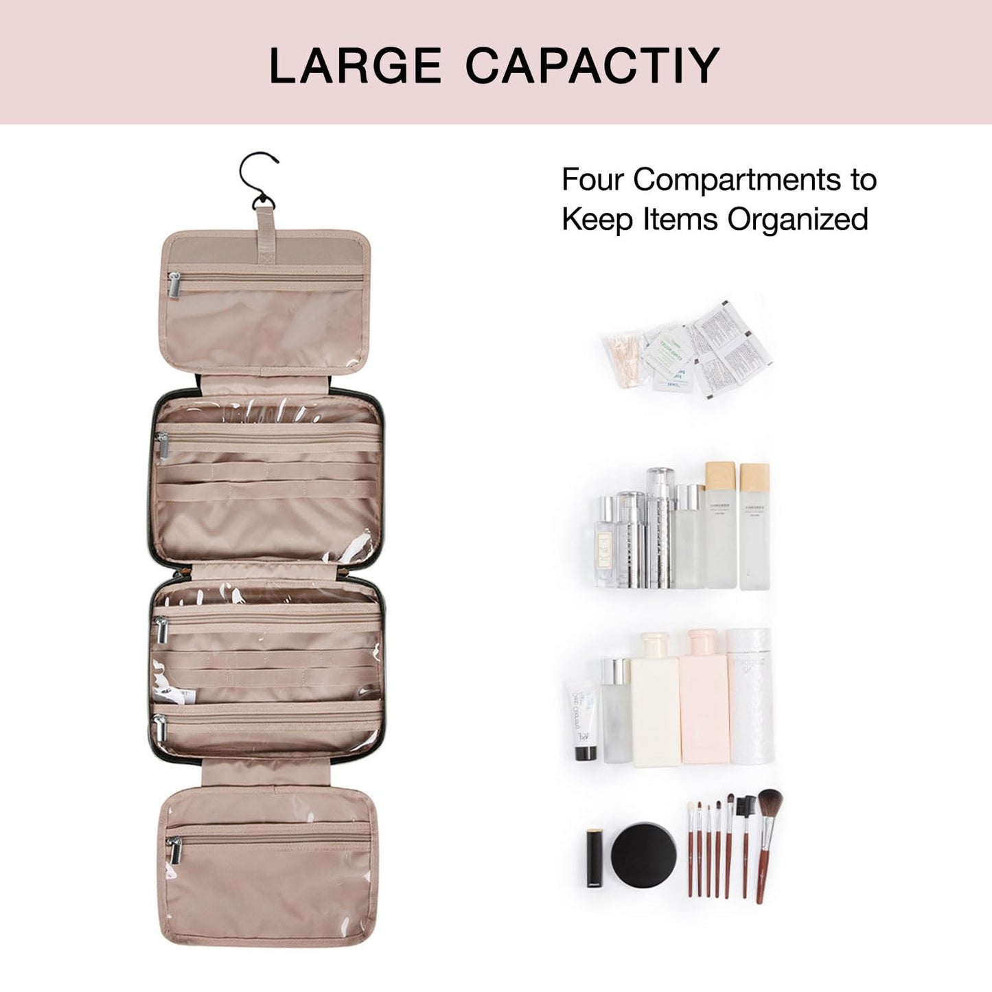 BAGSMART Large Hanging Toiletry Bag Travel Toiletry Bag Cosmetic Bag for Women, Black-Size L