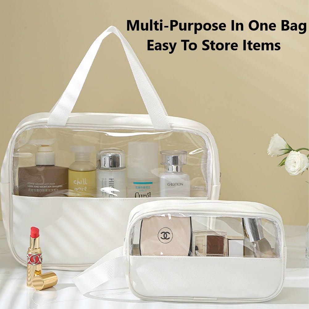 3PCS Clear Toiletry Bag, Wash Bag, Clear PU Makeup Bags, Waterproof Toiletry Travel Bags with Zipper Handle, Portable Airport Cosmetic B-ag for Travel Bathroom Men Women(Blue)