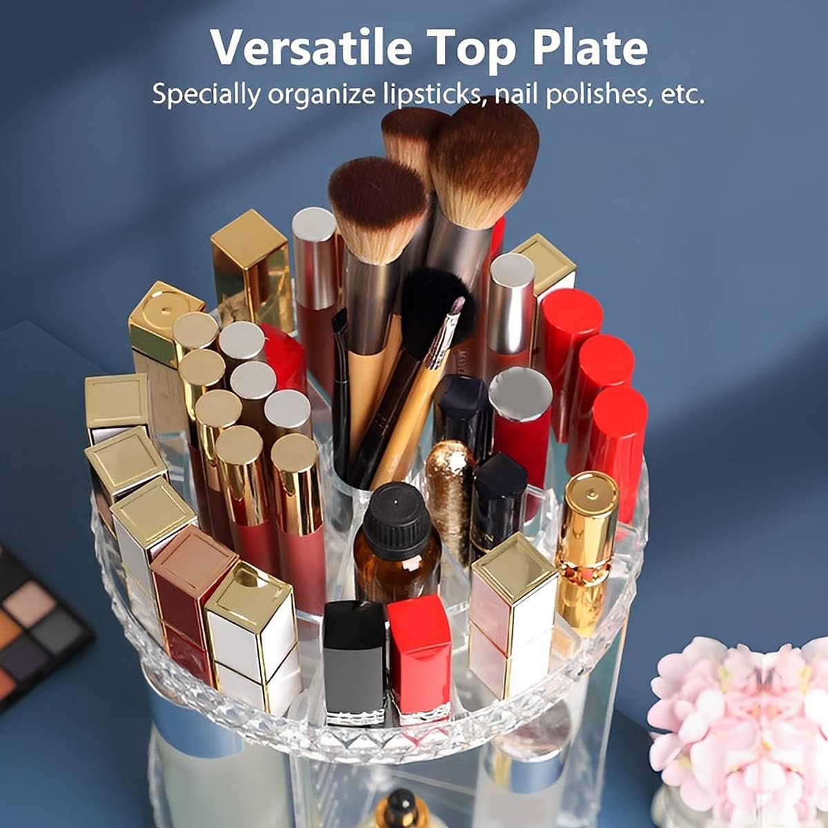 3 Tiers Rotating Makeup Organizer with Compartment 360° Rotating Makeup Stand Display Case Large Capacity Cosmetic Display Box Clear for Dresser Bathroom Skincare,Lipsticks,Makeup Brushes