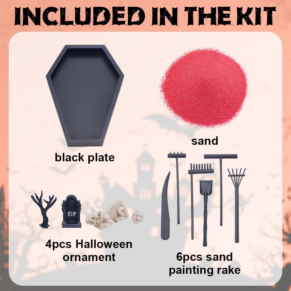 WEBEEDY Halloween Coffin Zen Garden Mini Sand Tray Kit for Desk, Therapy Zen Garden Kit with Red Sand and Tools, DIY Spooky Desktop Decor for Halloween Party & Home Office Decoration Goth Gift