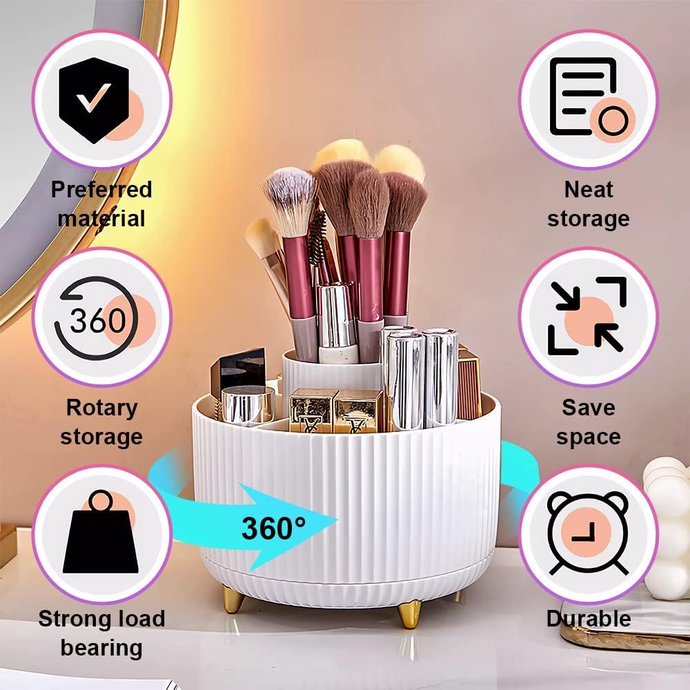 Rotating Makeup Brush Organizer Spinning Make up Brush Stand Holder 5 Slot Decorative Stationery Storage Boxes Cosmetics Display Organiser for Brushes Lipsticks Pencils Comb