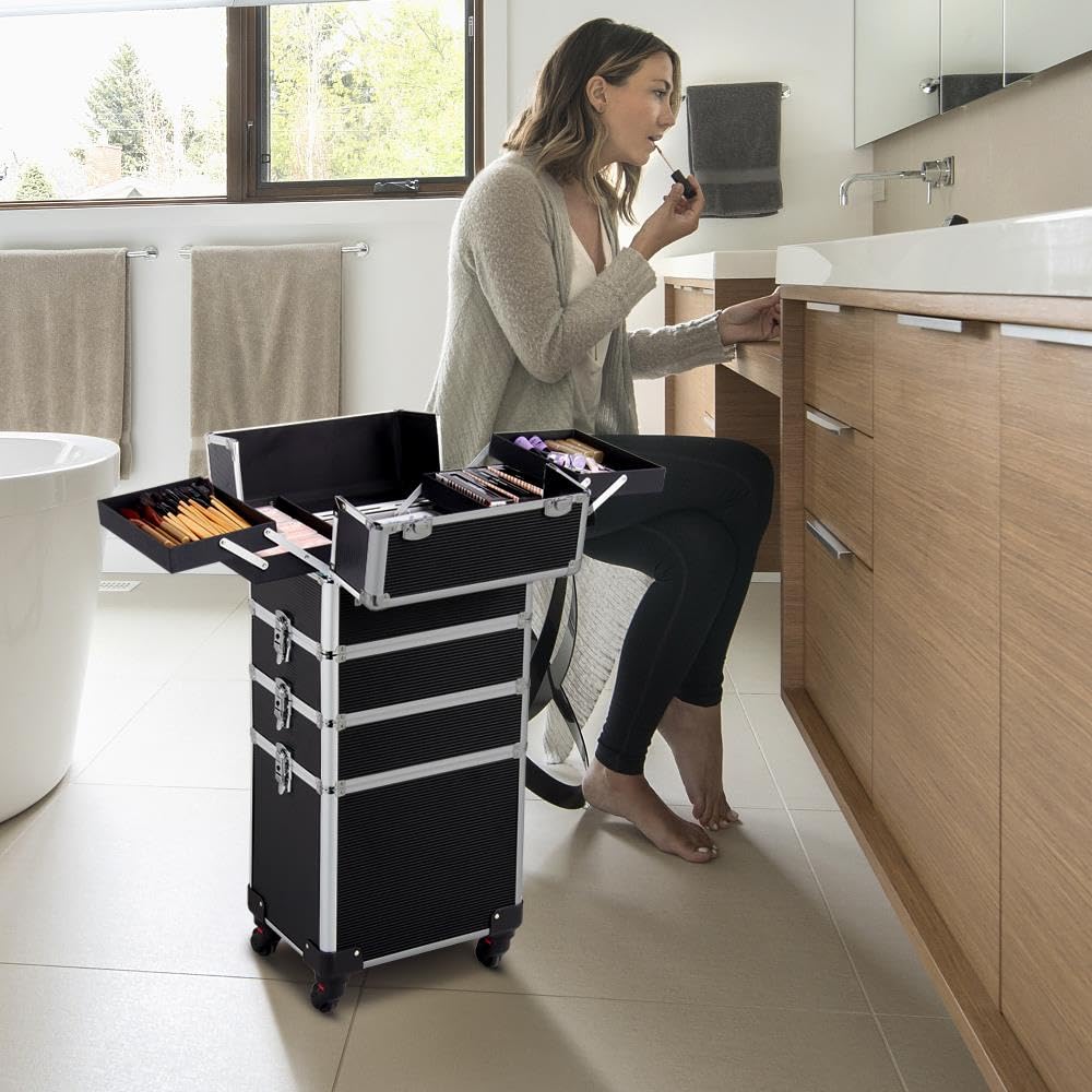 Yaheetech 4 in 1 Beauty Case Rolling Cosmetics Organiser Makeup Vanity Case Lockable Hairdressing Trolley Pink
