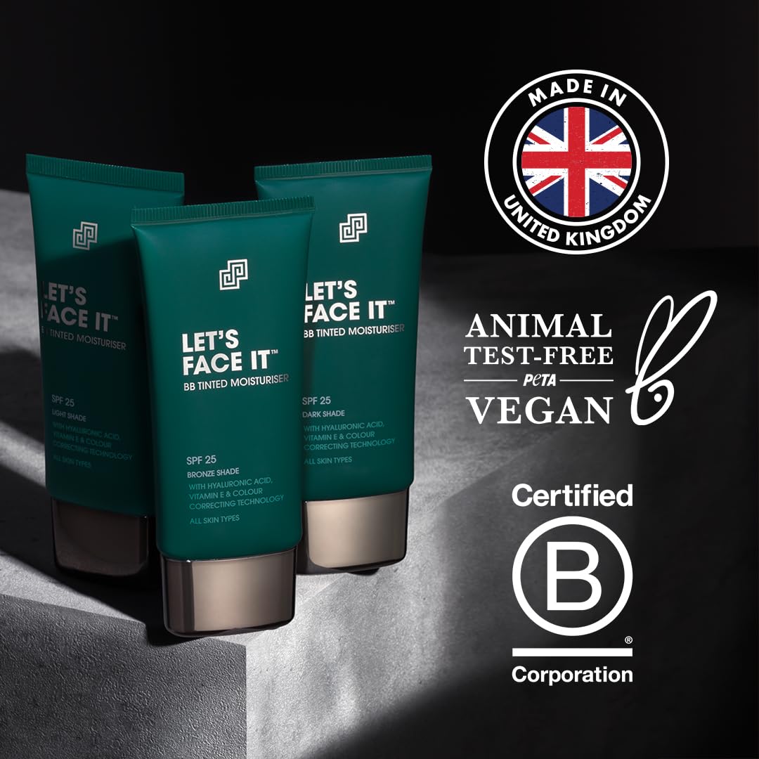 Shakeup Cosmetics Mens Tinted Moisturiser, Vegan Makeup for Men, Natural Coverage for Redness & Blemishes, 24hr Moisturisation with SPF, Easy Application, Bronze Shade, 50ml. Aka. LET'S FACE IT