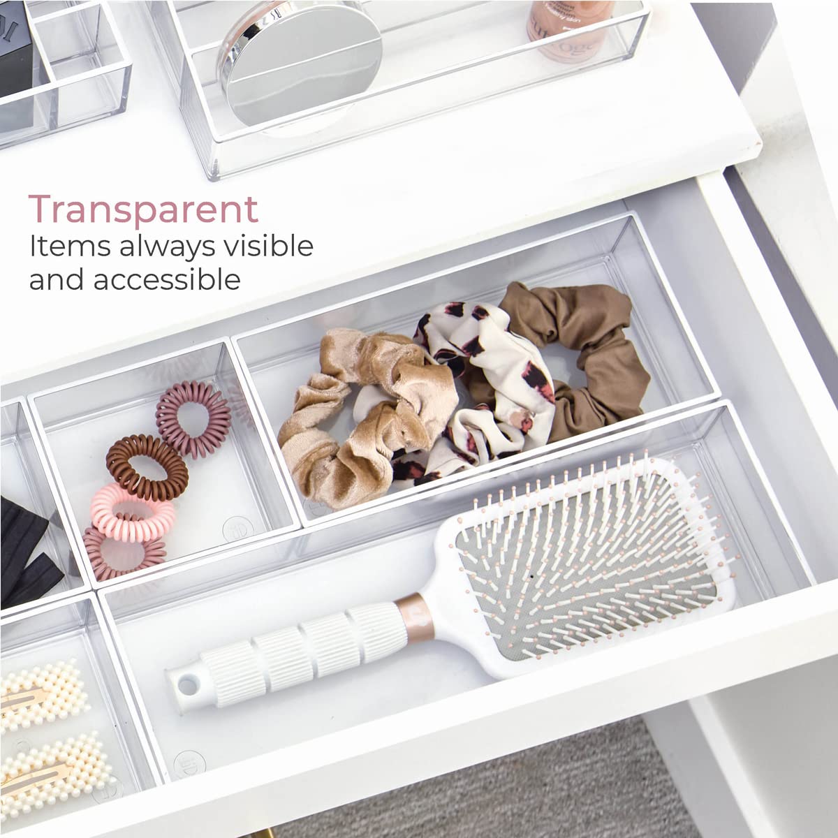 iDesign Storage Drawer from the Signature Series by Sarah Tanno, Rectangular PET Makeup Tray for Beauty Products, Cosmetic Organiser System, Clear/Matte White, 10.2 cm x 20.3 cm x 5 cm