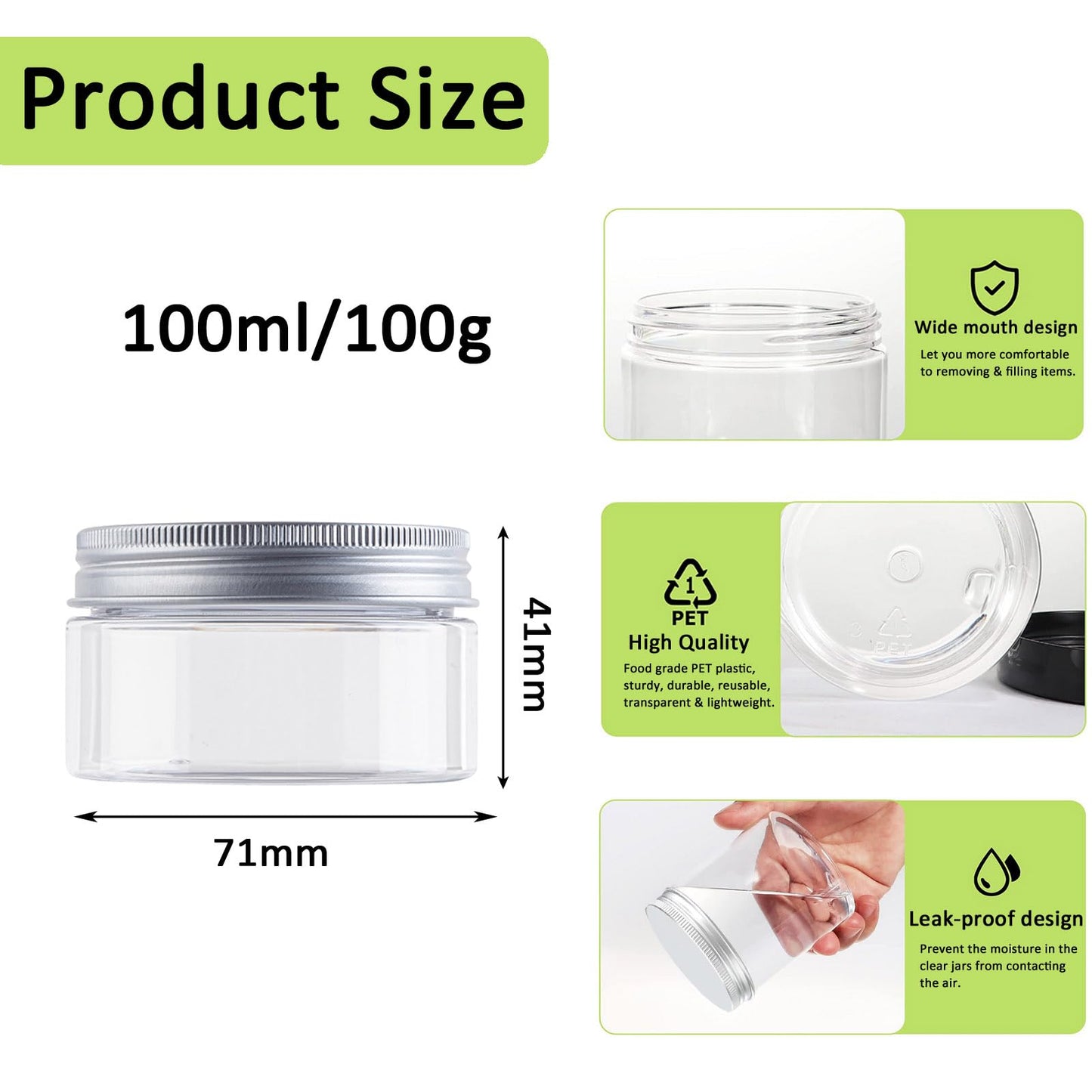 Alledomain 6PCS 100ML Clear Round Cosmetic Containers Cream Jars with Inner Liners & Aluminum Alloy Lids - Travel Jars for Storing Lip, Body Scrub, Lotion, Powder, Ointment, Makeup