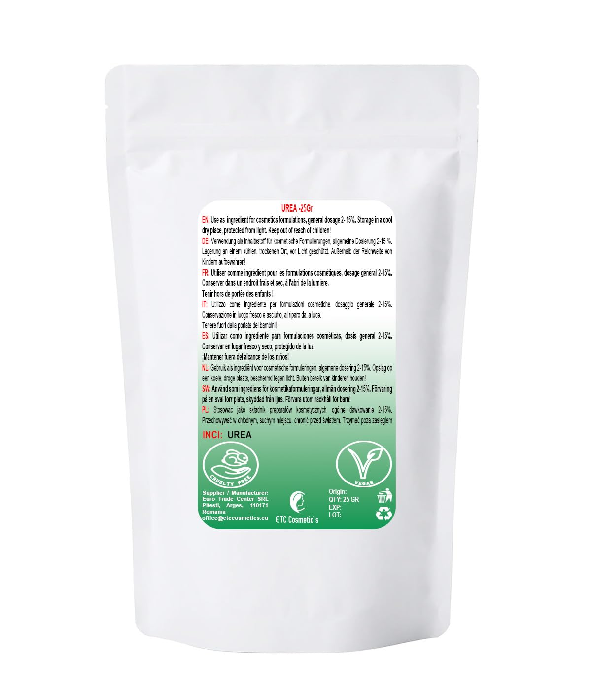 Cosmetic UREA - 100 gr - suitable for creams, lotions, gels, fluids, cleansing products including shampoos and body washes, skaly and cracked skin