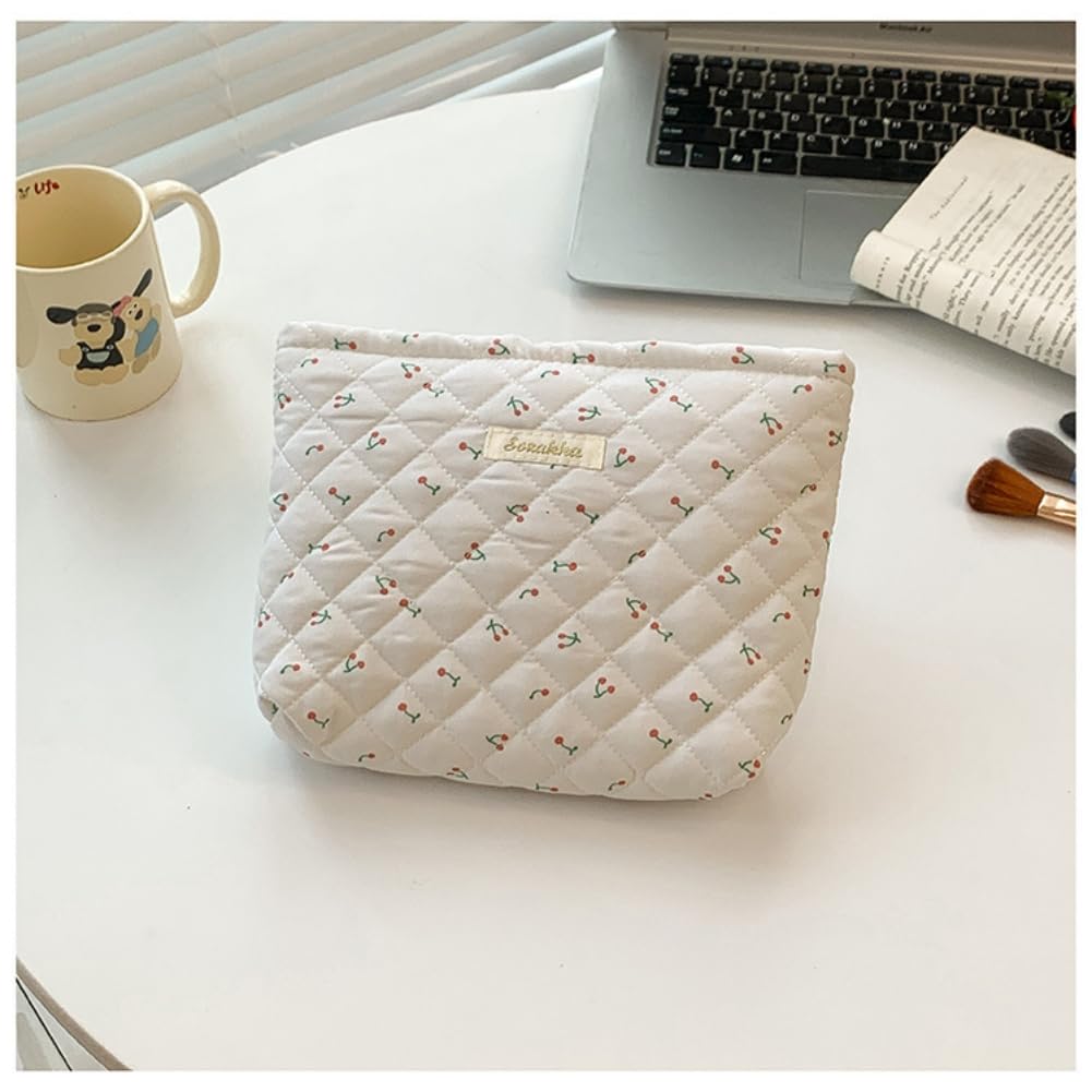 Aucuu Cotton Makeup Bag, Portable Travel Cosmetic Bag, Large Capacity Floral Toiletry Bags, Quilted Wash Bags Organizer for Women Girls