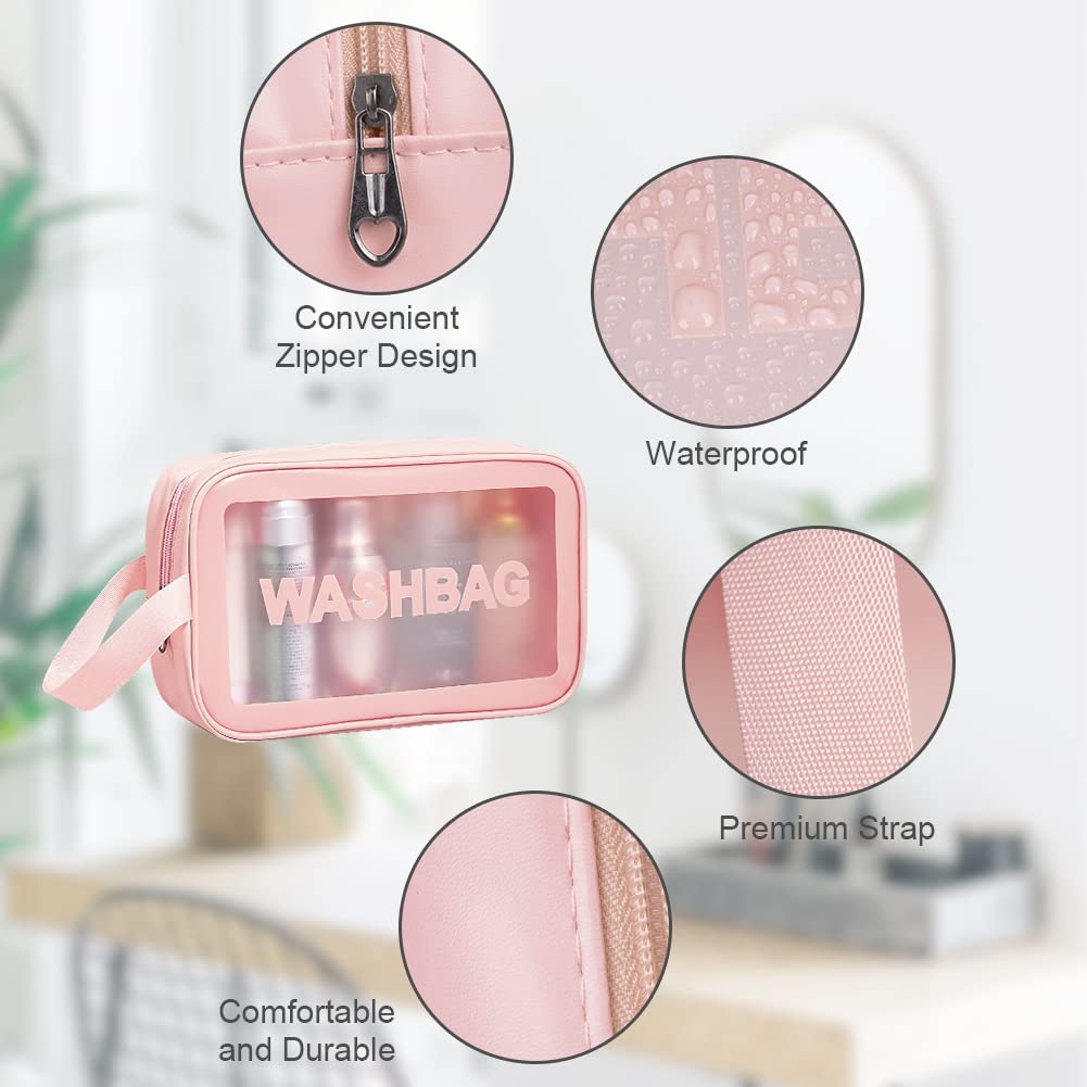 3PCS Clear Toiletry Bag, Wash Bag, Clear PU Makeup Bags, Waterproof Toiletry Travel Bags with Zipper Handle, Portable Airport Cosmetic B-ag for Travel Bathroom Men Women(Blue)