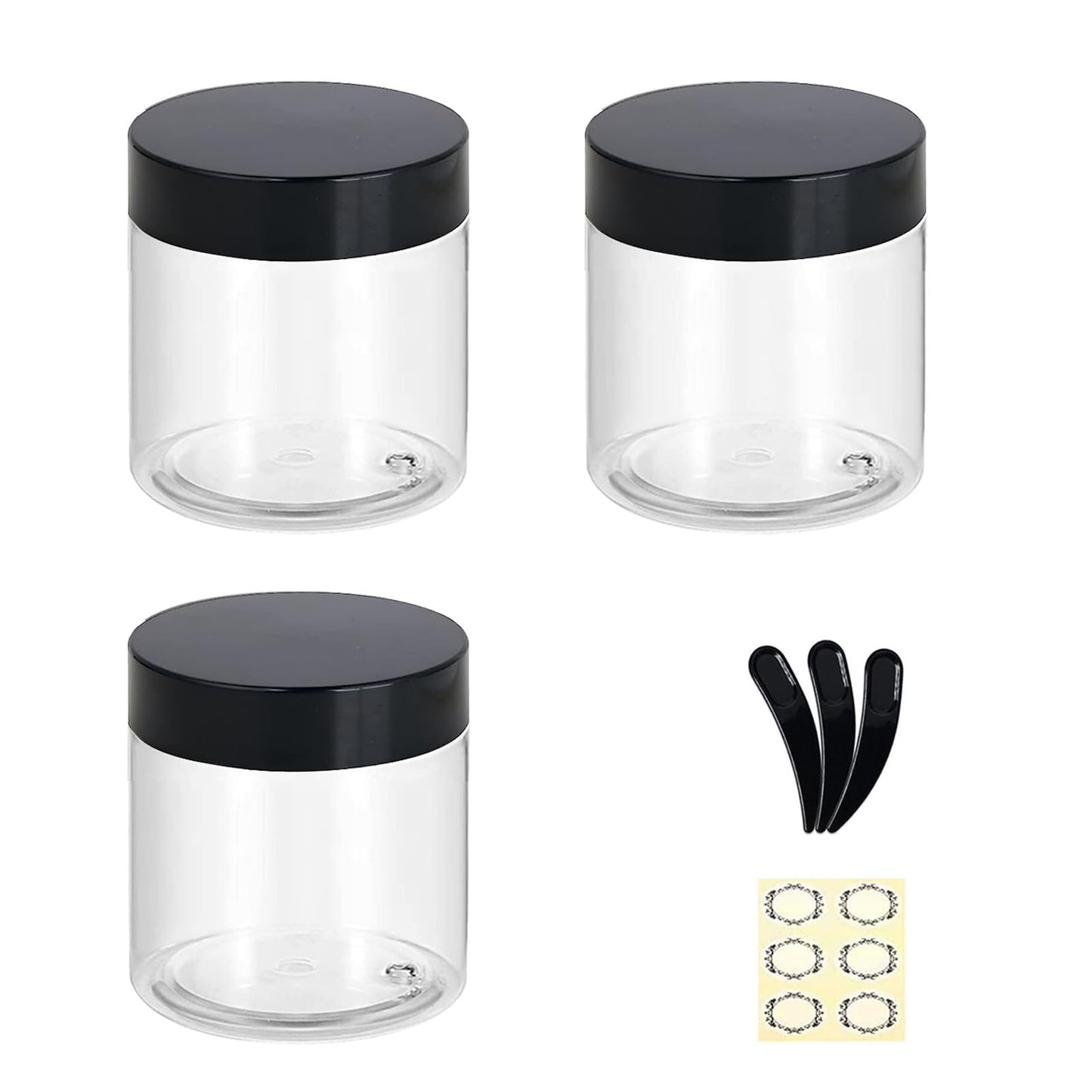 Apstaqeoo 4PCS 150ML Empty Plastic Jars With Black Lids, Clear Round Face Cream Jars Cosmetic Container Travel Storage Jar With Inner Liners for Body Scrub/Lotion/Powder/Ointment/Salves/Sample/Makeup