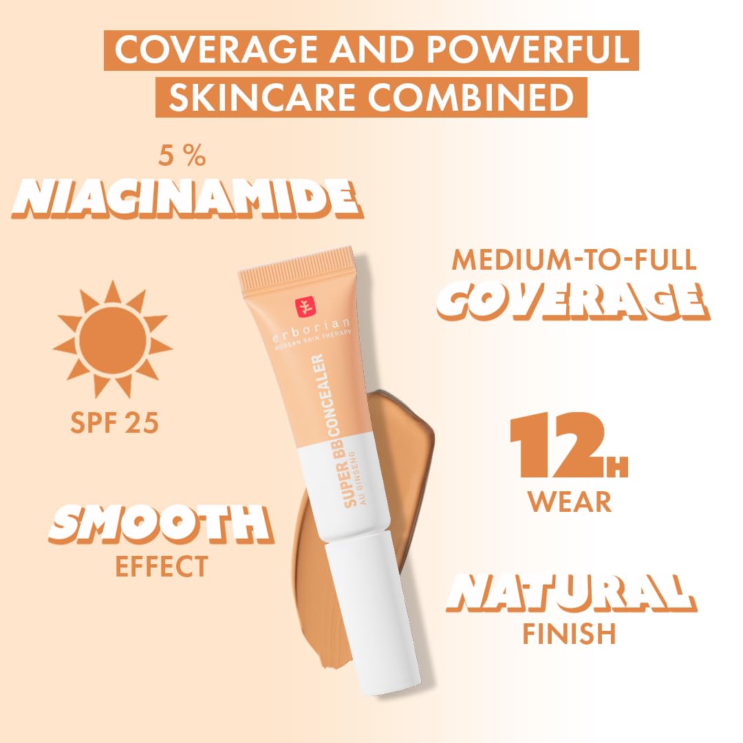 Erborian - Super BB CONCEALER - High coverage concealer enriched with Niacinamide and SPF 25 - Moisturizing eye corrector, natural finish - Korean Cosmetic