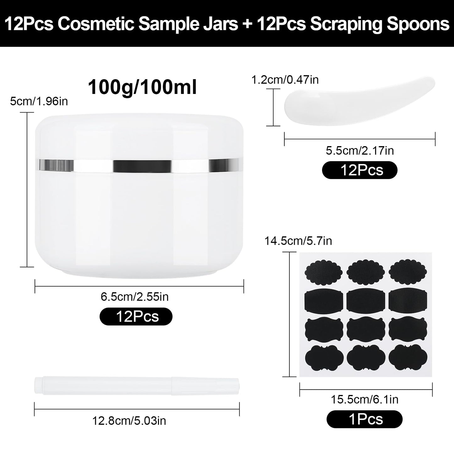 15 Pcs 50ml Cosmetic Sample Jars, Plastic Refillable Travel Pots, Cosmetic Pots with Lids, Travel Pots for Toiletries, with Spatulas, Labels and Pen for Makeup Beauty Nails