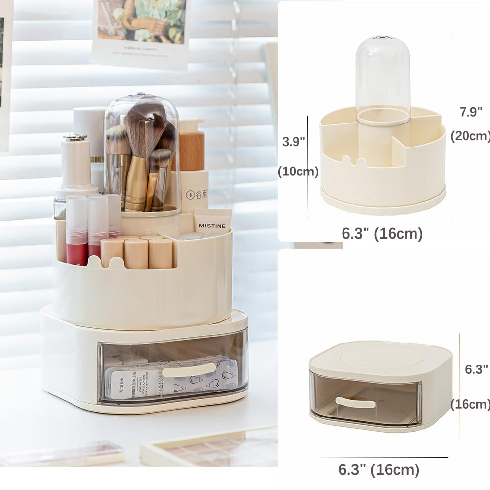 Makeup Brush Holder Rotating Organiser with Clear Lid,Sliding Opening Dustproof Makeup Brush Case Make up Organizer Storage for Dressing Table Organiser,Vanity,White Black
