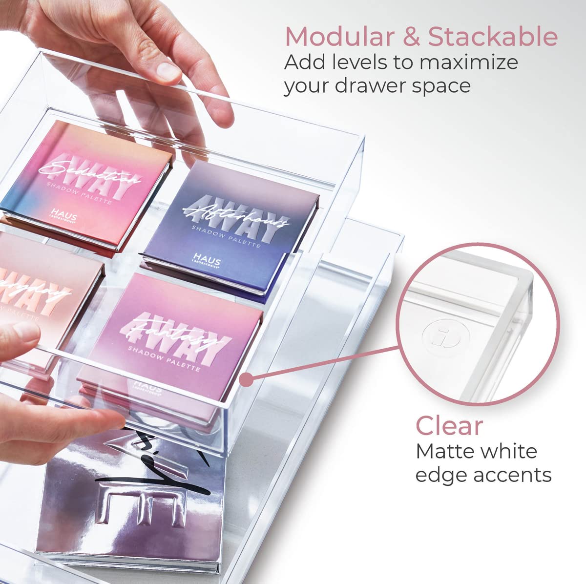 iDesign Storage Drawer from the Signature Series by Sarah Tanno, Rectangular PET Makeup Tray for Beauty Products, Cosmetic Organiser System, Clear/Matte White, 10.2 cm x 20.3 cm x 5 cm
