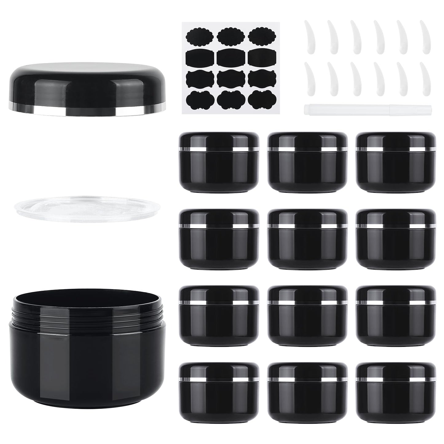 15 Pcs 50ml Cosmetic Sample Jars, Plastic Refillable Travel Pots, Cosmetic Pots with Lids, Travel Pots for Toiletries, with Spatulas, Labels and Pen for Makeup Beauty Nails