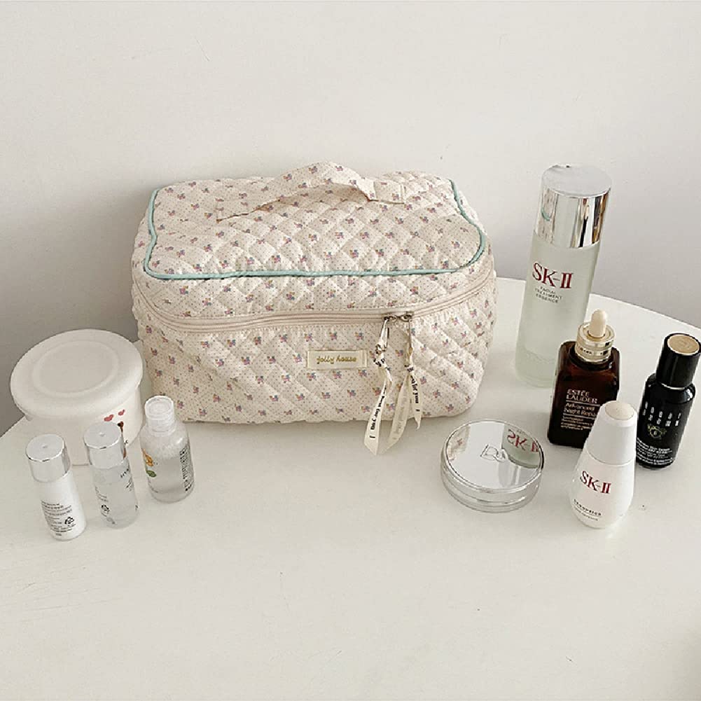 Aucuu Cotton Makeup Bag, Portable Travel Cosmetic Bag, Large Capacity Floral Toiletry Bags, Quilted Wash Bags Organizer for Women Girls