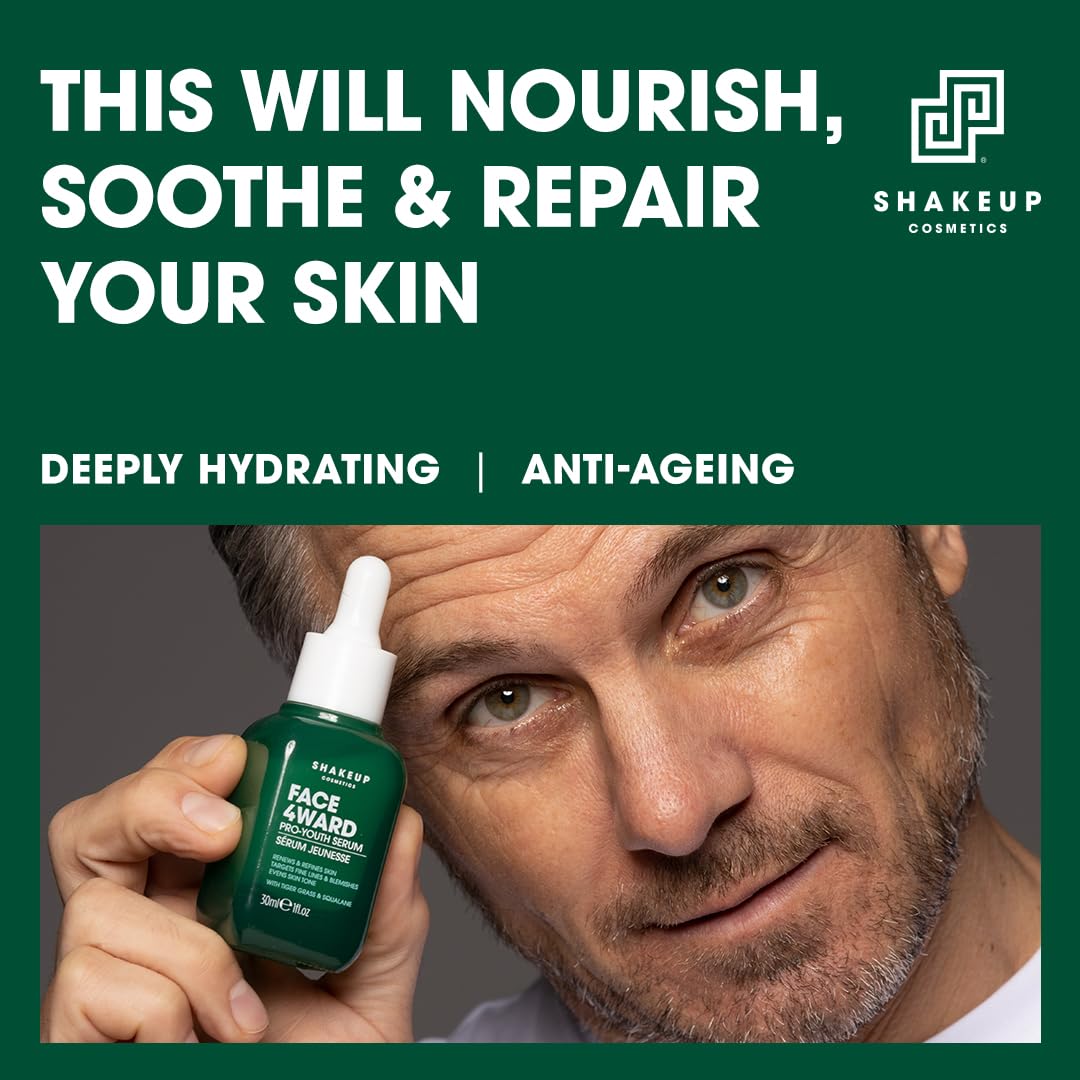 Shakeup Cosmetics Mens Skincare Routine with Free Wash Bag, including Daily Face Wash, Clarifying Toner, Anti-Ageing Serum, Daily Moisturiser, plus Wash Bag. Aka. SHAKEUP FACE 4WARD DELUXE KIT