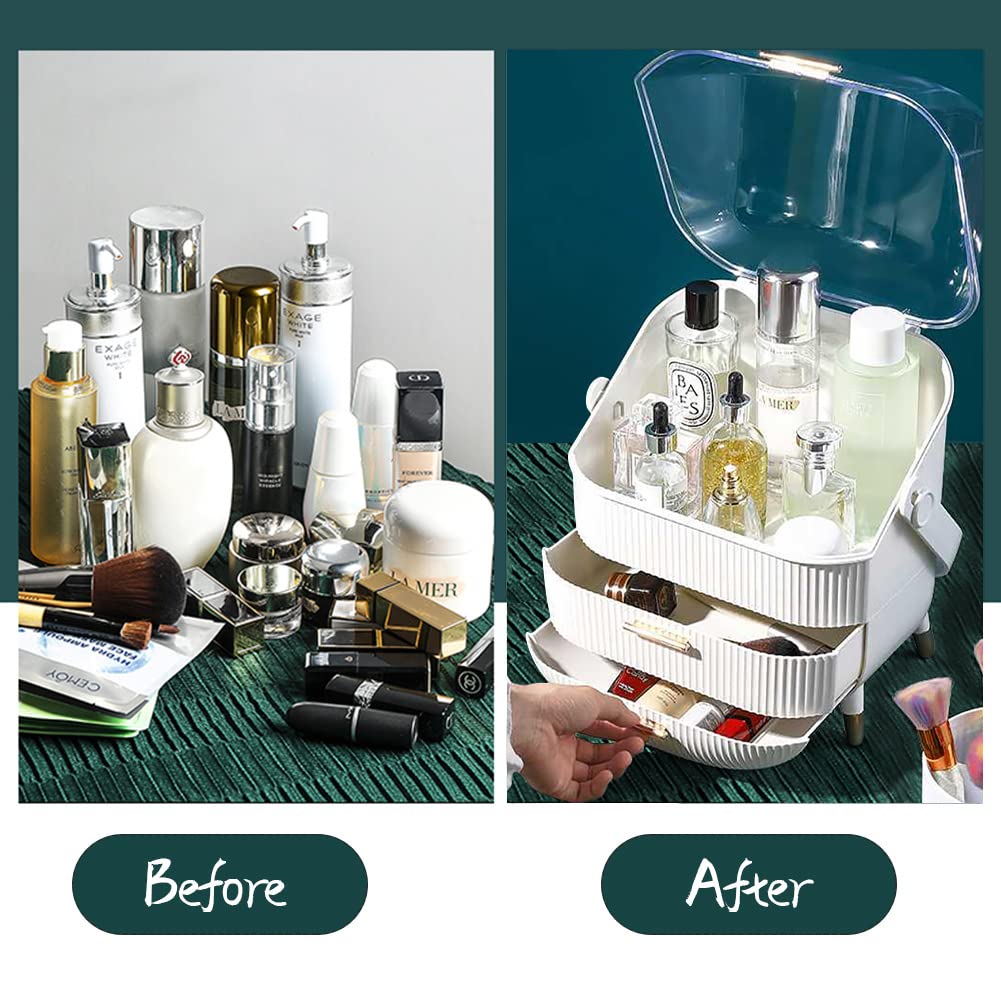 Multi-Function Make Up Case Dustproof Cosmetic Storage Box, Organizer Skin Care Products Jewelry Organizer Finishing Box for Bedroom Bathroom Desktop (Pink)