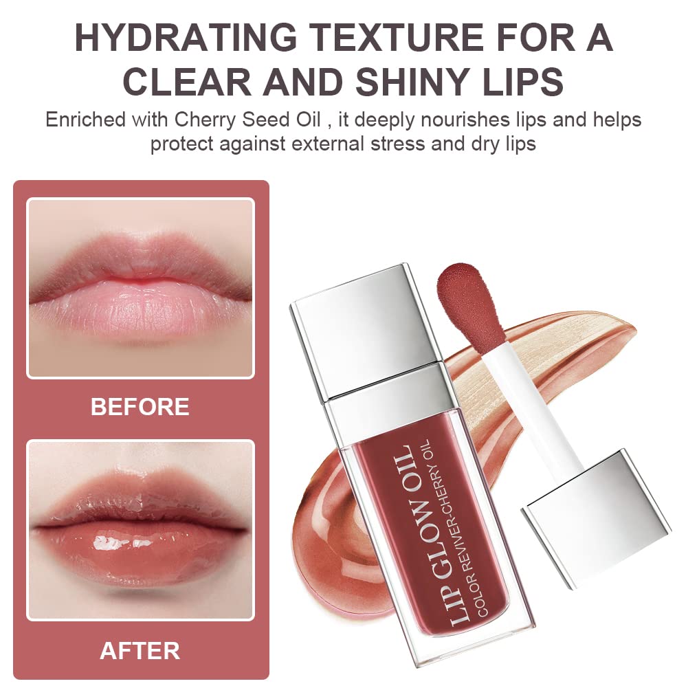 AOOWU Plumping Lip Oil Tinted, Moisturizing Lip Oil Long Lasting Nourishing Lip, Hydrating Lip Gloss Tint Lipstick for Women, Glitter Shine Liquid Lipstick, Lip Glaze Makeup Cosmetic