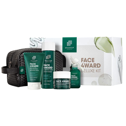 Shakeup Cosmetics Mens Skincare Routine with Free Wash Bag, including Daily Face Wash, Clarifying Toner, Anti-Ageing Serum, Daily Moisturiser, plus Wash Bag. Aka. SHAKEUP FACE 4WARD DELUXE KIT