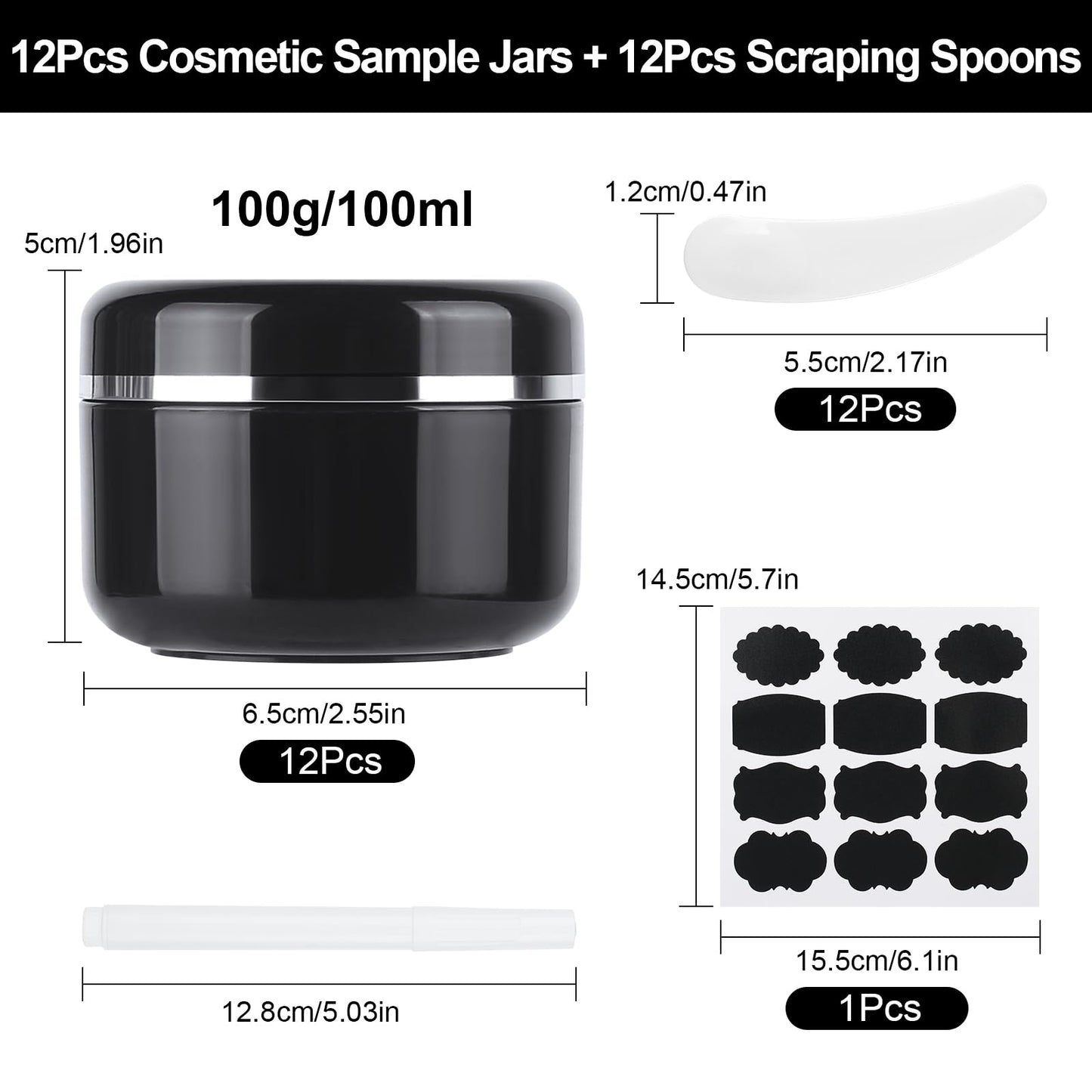 15 Pcs 50ml Cosmetic Sample Jars, Plastic Refillable Travel Pots, Cosmetic Pots with Lids, Travel Pots for Toiletries, with Spatulas, Labels and Pen for Makeup Beauty Nails