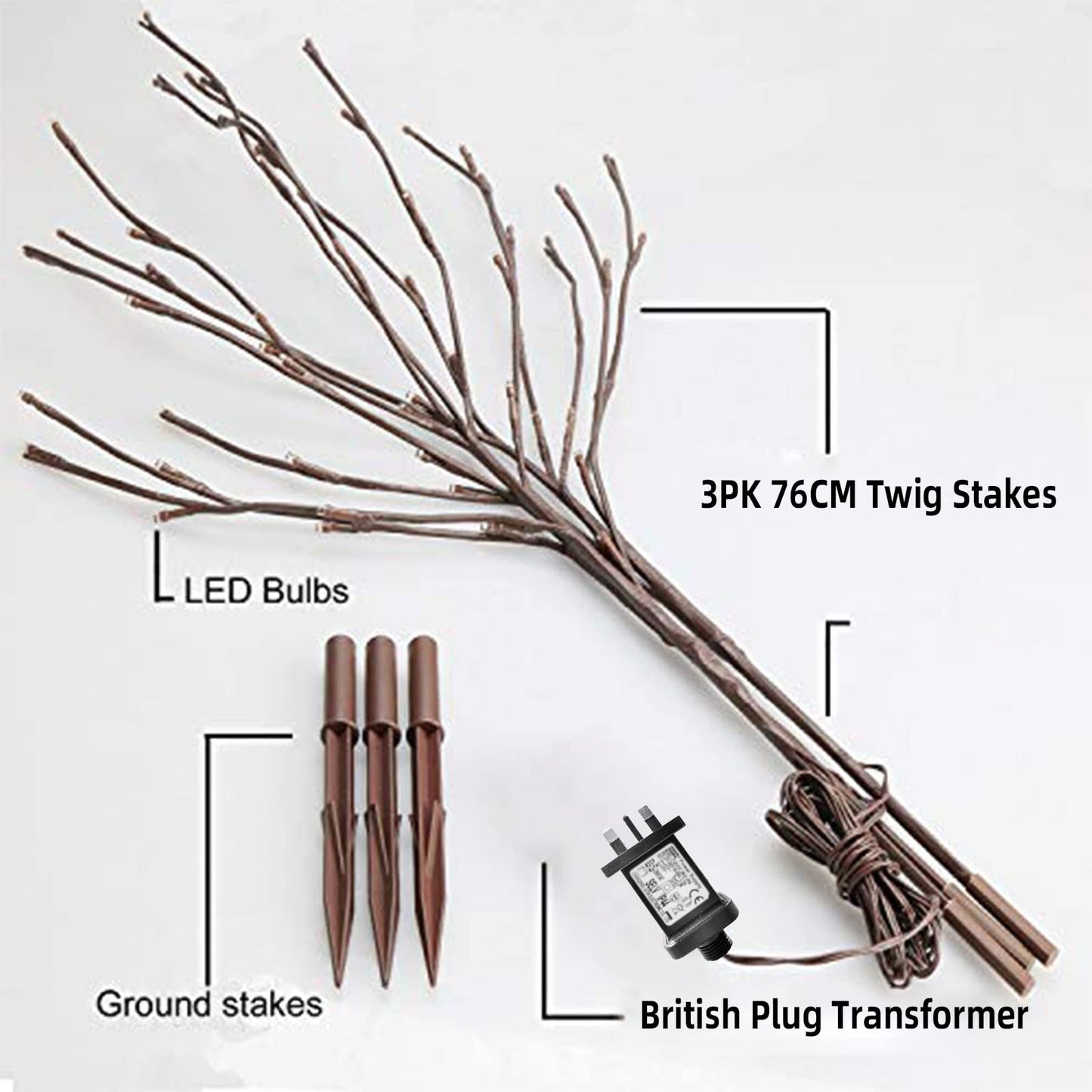 EAMBRITE 3PK 76cm Home Decorative Twig Lights Garden Stake Branch Lights with 60 Warm White LEDs Mains Powered Lighted Branches for Floor Vases Spring Xmas Decor Outdoor and Indoor
