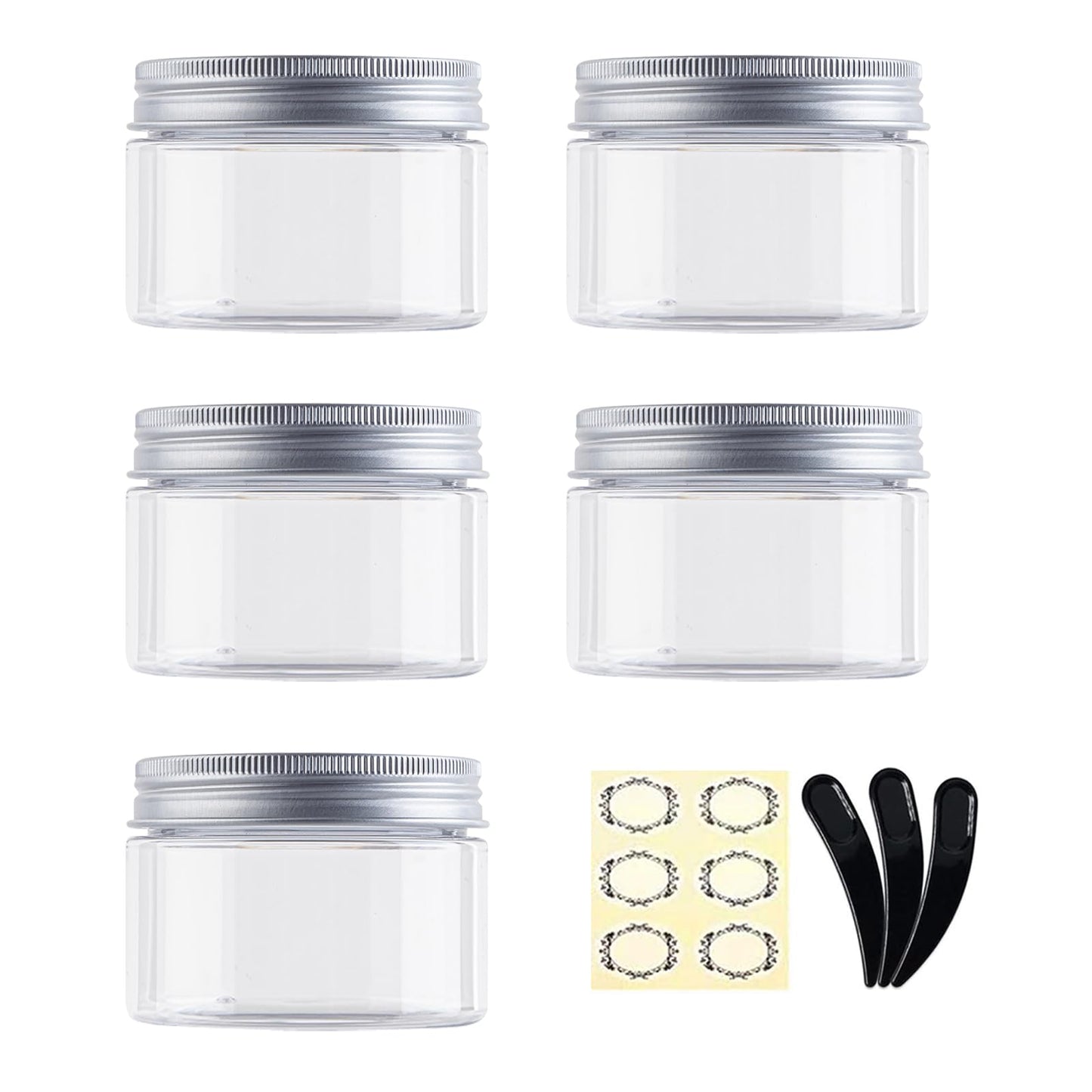 Alledomain 6PCS 100ML Clear Round Cosmetic Containers Cream Jars with Inner Liners & Aluminum Alloy Lids - Travel Jars for Storing Lip, Body Scrub, Lotion, Powder, Ointment, Makeup