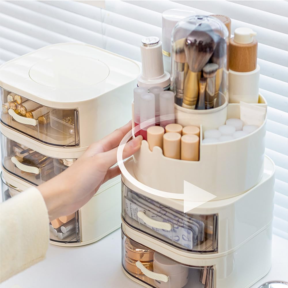 Makeup Brush Holder Rotating Organiser with Clear Lid,Sliding Opening Dustproof Makeup Brush Case Make up Organizer Storage for Dressing Table Organiser,Vanity,White Black