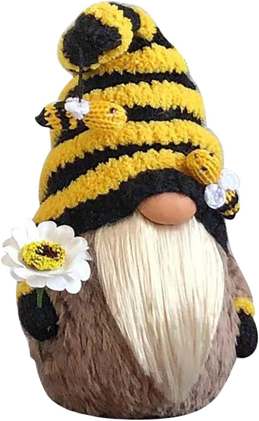 Garden Gnome Statue,Bee Gnome Spring Sunflower Doll Decor, Handmade Bumble Plush Faceless Doll Ornaments, Bedroom Desktop Gnomes Ornaments, Indoor Spring Decor for Home