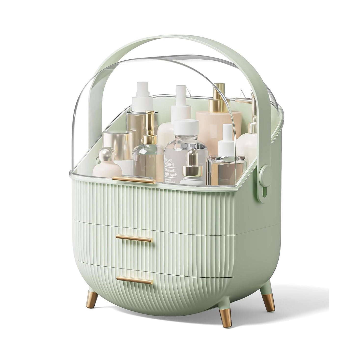 Makeup Organizer Box, Clear Cover Cosmetic Display Case with Two Tier Storage Box and Brush Storage Box, Skincare Organizers for Bathroom Countertop, Bedroom Vanity Desk and Travel (White)