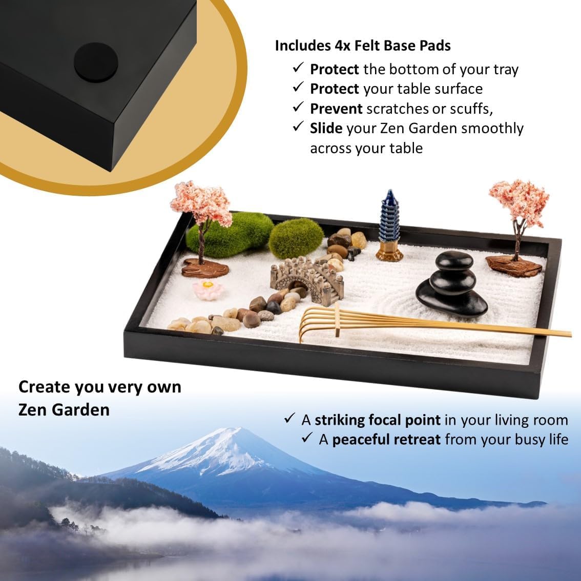 Zen Garden Kit 11x8 Beautiful Premium Japanese Mini Sand Garden Meditation Gift Set for Home & Office Desk Accessories. Zen Sand, 6 Tools, 15 Features. Mindfulness Gifts Decor Women