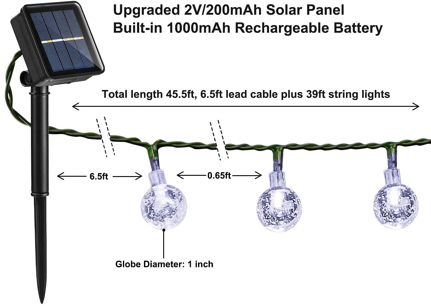 Solar Garden Lights Outdoor, 36ft 60 LED Solar String Lights Waterproof, Solar Powered Crystal Ball Indoor/Outdoor Fairy Lights Decorative for Garden, Patio, Yard, Festival, Parties (White)
