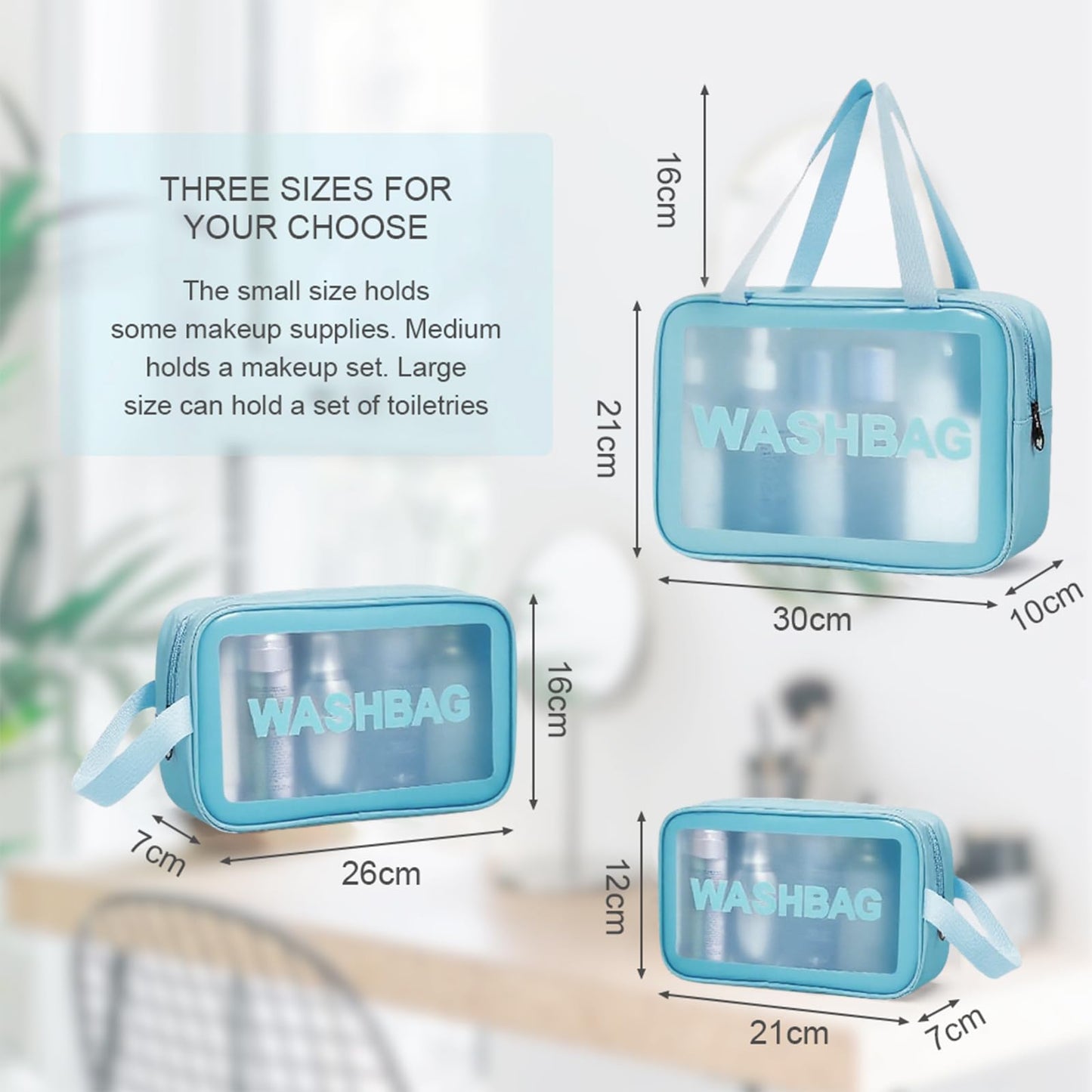 3PCS Clear Toiletry Bag, Wash Bag, Clear PU Makeup Bags, Waterproof Toiletry Travel Bags with Zipper Handle, Portable Airport Cosmetic B-ag for Travel Bathroom Men Women(Blue)