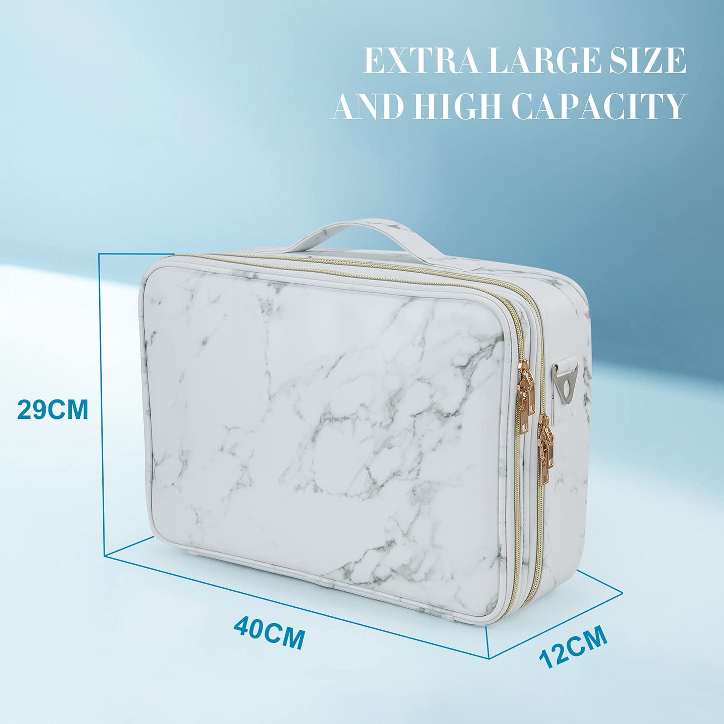 Joligrace Large PU Leather Professional Makeup Bag with Removable Back Strap Cosmetic Case Beauty Box Hairdressing Tools Organiser Storage Box, Marble