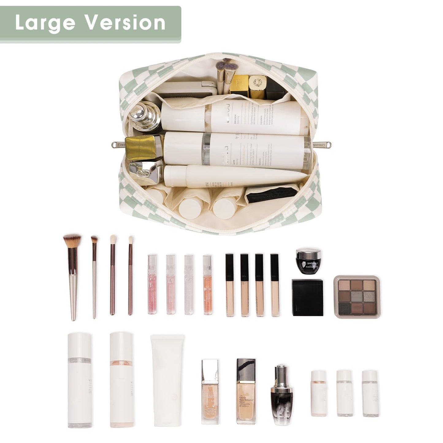 Large Makeup Bag Zipper Pouch Travel Cosmetic Organizer for Women (Mint Green Checkerboard, Large)